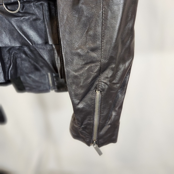 Blanc Nior Black Leather Ruffle Trim Jacket Sz Medium - Picture 8 of 11
